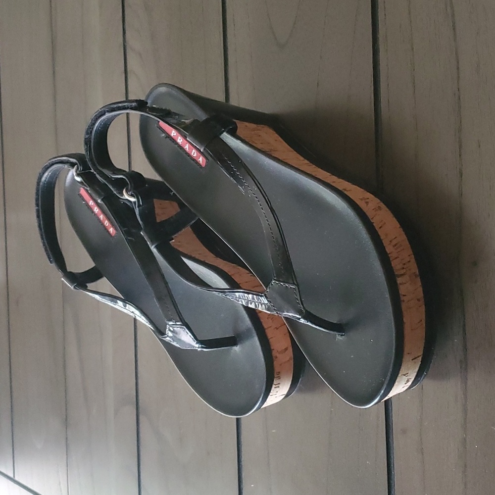Prada Linea Rossa Wedge Sandal, Black, 37 (7US)